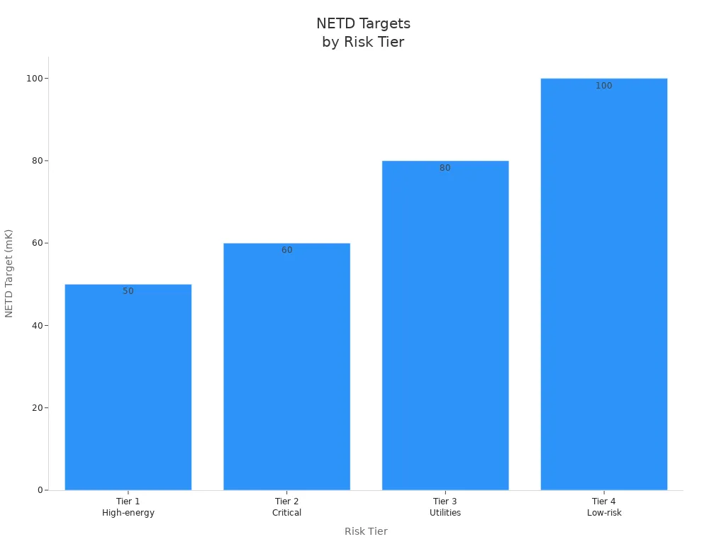 How Uncooled Thermal Cameras Enable Predictive Maintenance in Industrial Settings 4 Bar chart showing NETD targets for each risk tier in industrial predictive maintenance