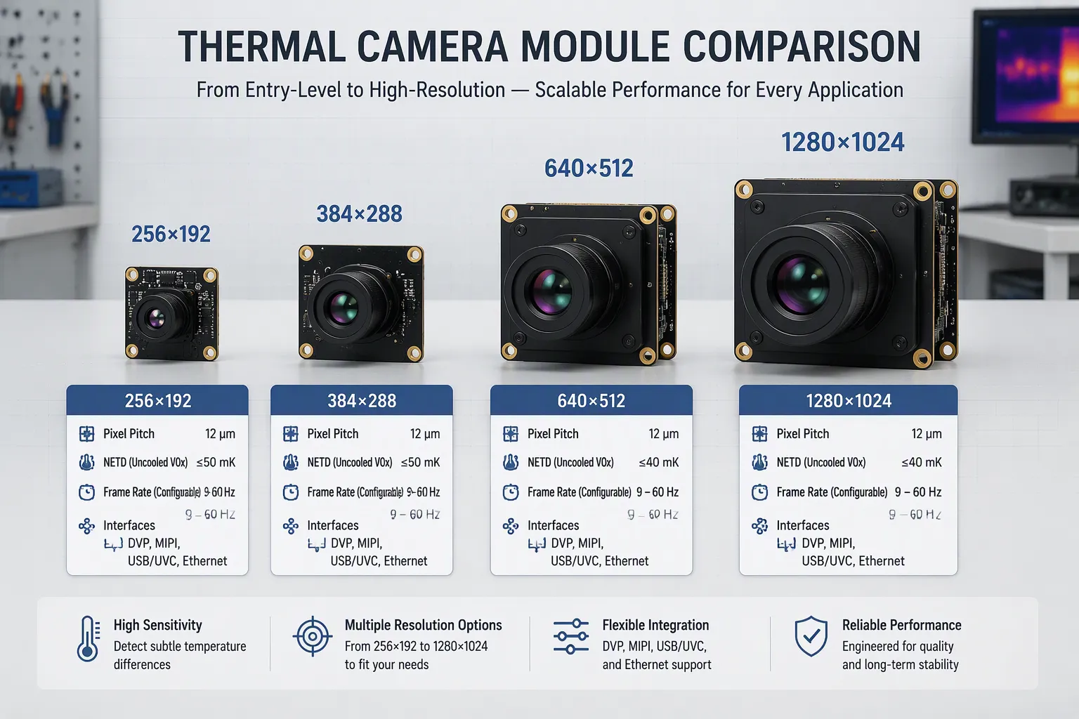 Thermal Camera Module resolution comparison: 256×192 vs 384×288 vs 640×512 vs 1280×1024 for OEM integration 2 Thermal Camera Module Resolution Comparison Table